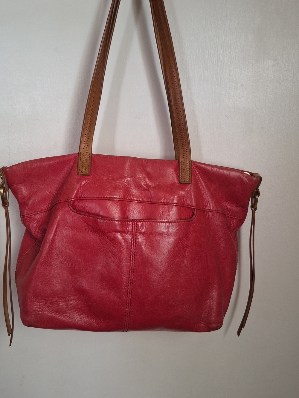 HOBO Red Leather Tote with Tan Straps and Brass Accents - Picture 4 of 7